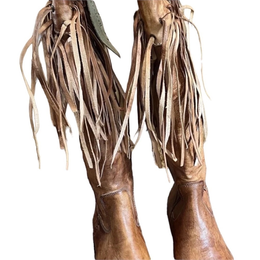 BED STU Hoplia Tan Driftwood Fringe Trim Riding Boots Size 7.5 - Picture 6 of 8